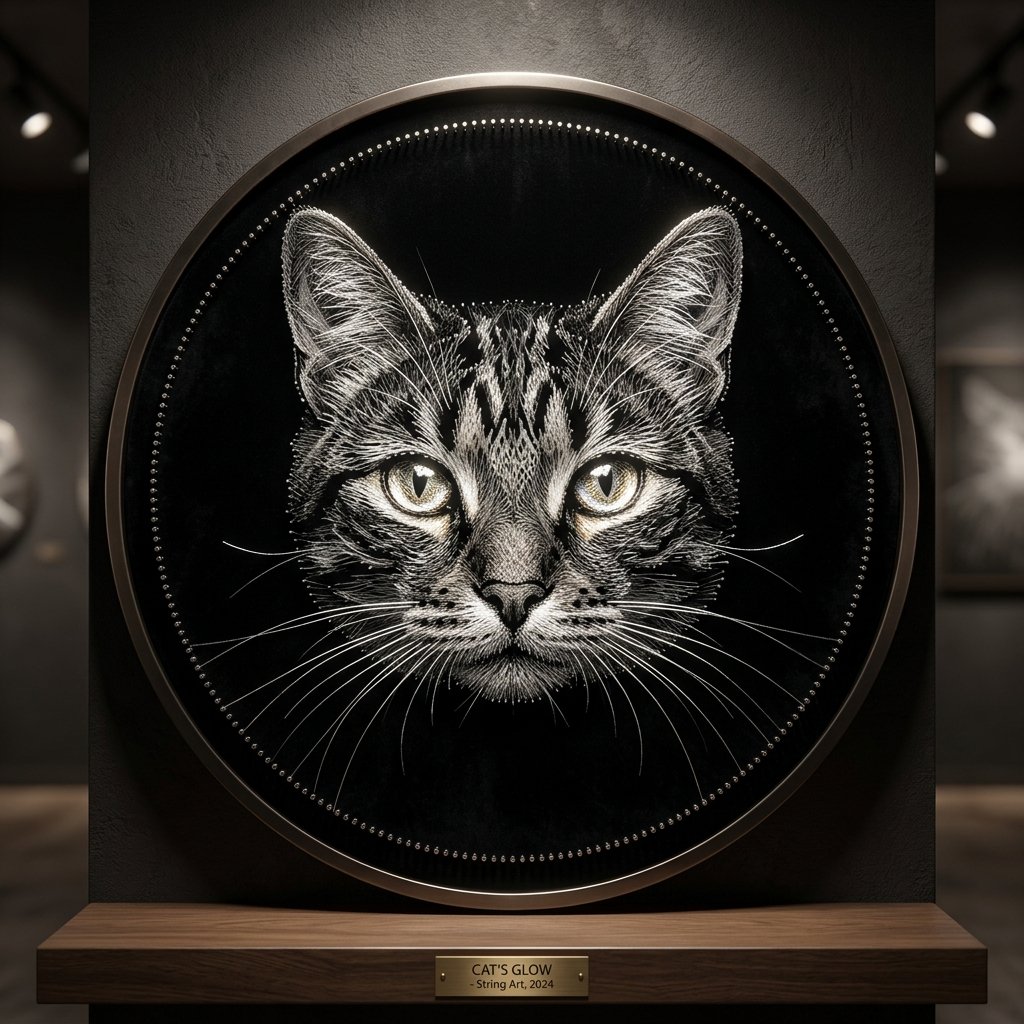 Circular String Art Portrait of a Cat